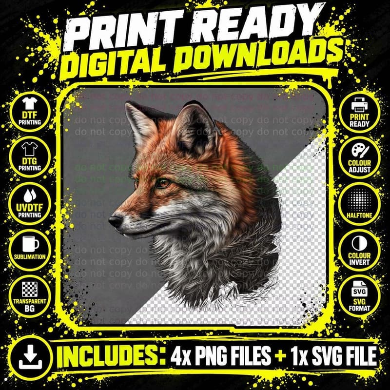 Fox Art Animal Lovers Motif Animal Print Fox T-Shirt Png SVG Digital Bundle