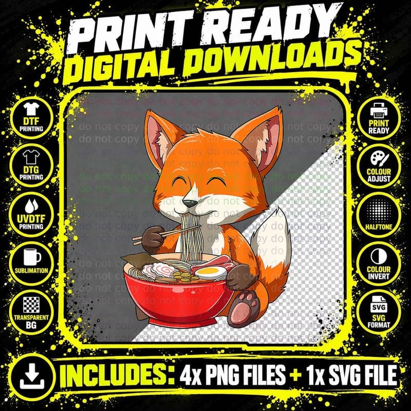 Fox Eating Ramen Noodle Lovers Fox Themed Gift T-Shirt Png SVG Digital Bundle