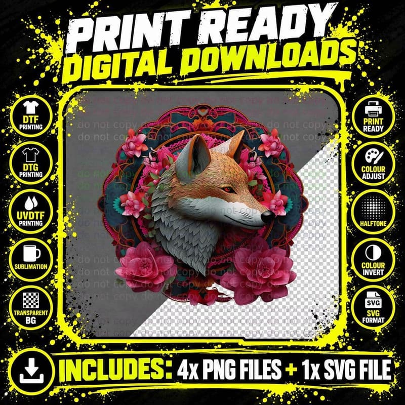 Fox Flowers Art - Animal Fox T-Shirt Png SVG Digital Bundle