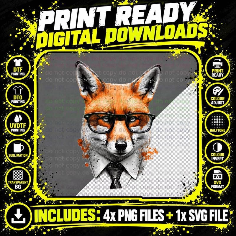 Fox Glasses Office Animal Print Art Fox T-Shirt Png SVG Digital Bundle