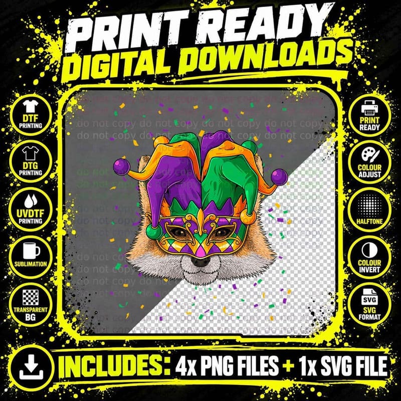 Fox Mardi Gras Animal Face Carnival Jester T-Shirt Png SVG Digital Bundle