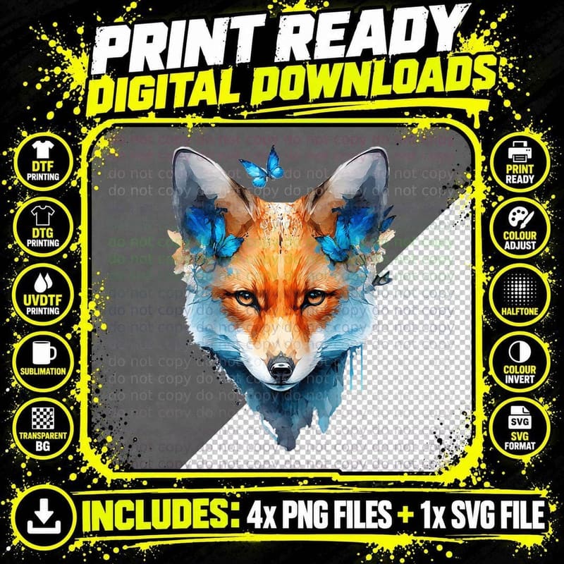 Fox Motif Butterfly Art Animal Love Graphic Fox T-Shirt Png SVG Digital Bundle