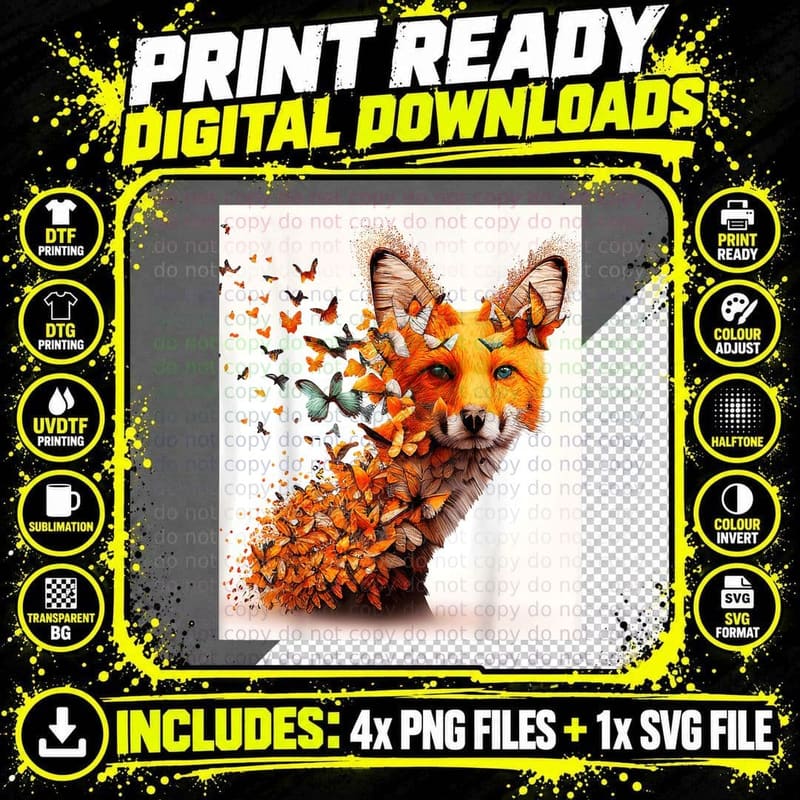 Fox and Butterflies T-Shirt Png SVG Digital Bundle