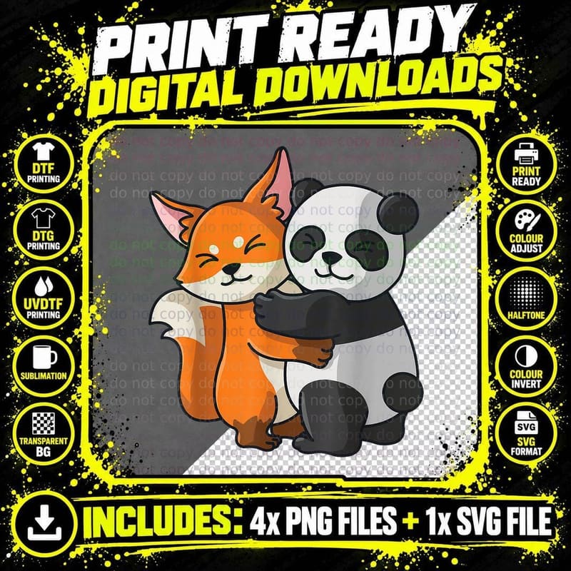 Fox with Panda, Love, Cute Animals T-Shirt Png SVG Digital Bundle