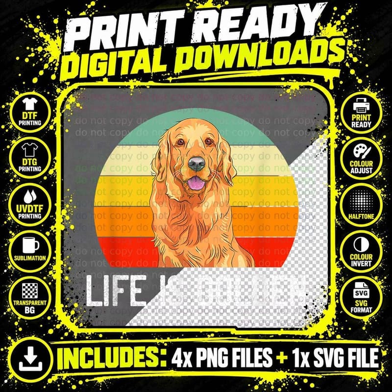 Funny Golden Retriever Life Is Golden Vintage Dog Lover Png SVG Digital Bundle