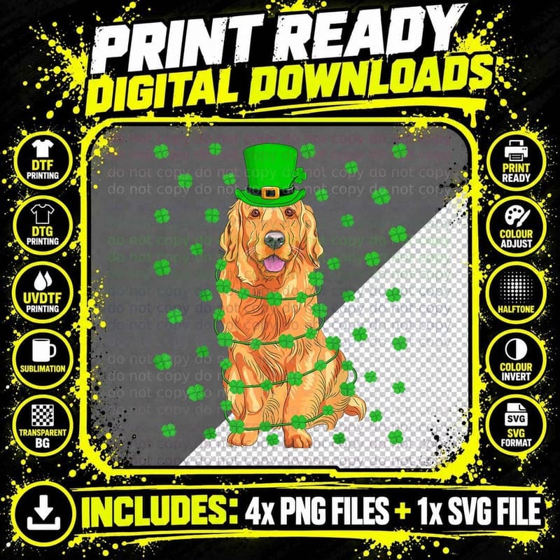 Funny Leprechaun Hat Golden Retriever Dog St. Patrick's Png SVG Digital Bundle
