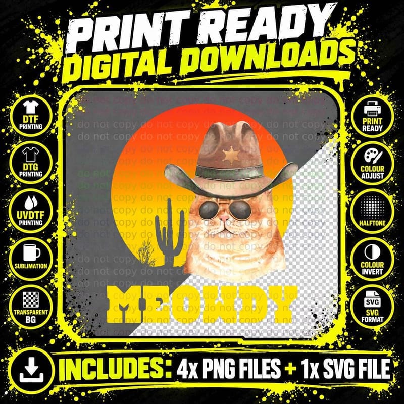 Funny Meme Meowdy Cat Cowboy Hat - Meow Howdy - Kitten Png SVG Digital Bundle