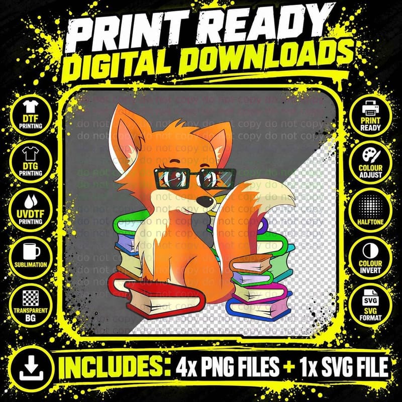 Funny Nerdy Fox Animal Bookworm Reading Book Lovers Png SVG Digital Bundle