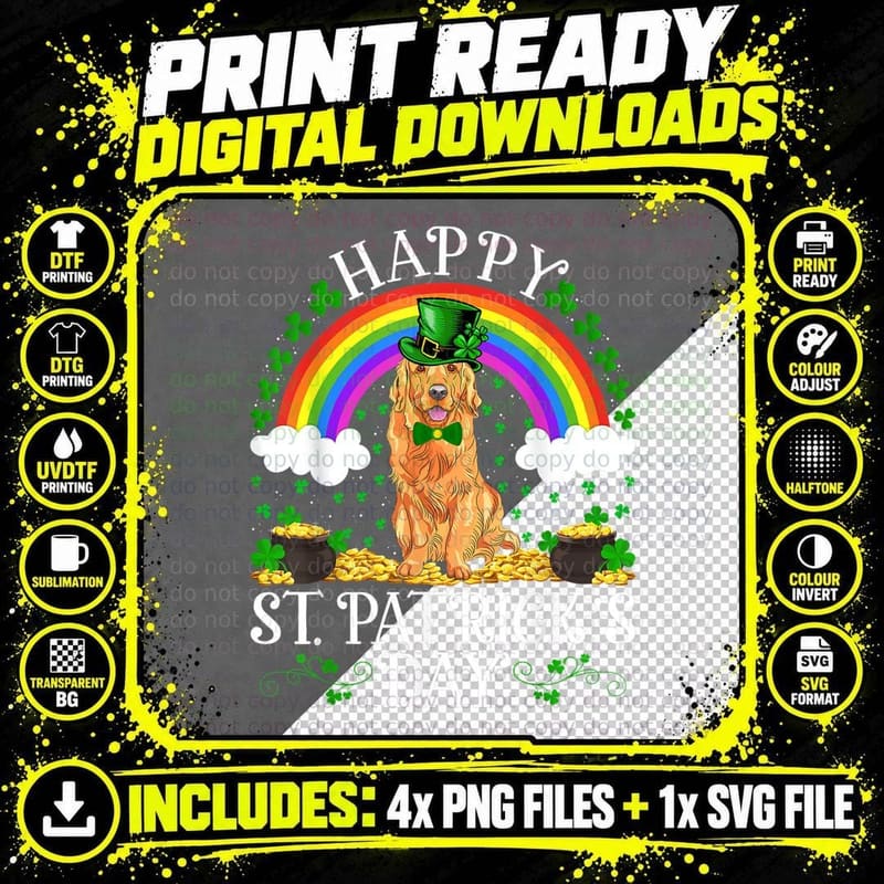 Funny Rainbow Vintage Golden Retriever Dog St. Patrick's Png SVG Digital Bundle