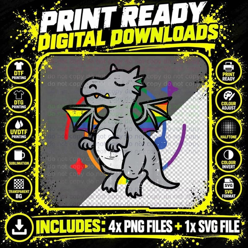 Gay Pride Dragon Funny Rainbow Flag Lgbt Ally Men Boys Png SVG Digital Bundle