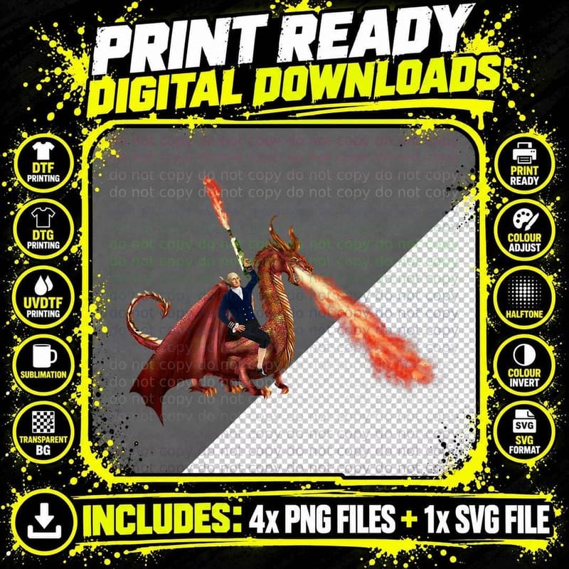George Washington with a Flamethrower Riding a Dragon Png SVG Digital Bundle