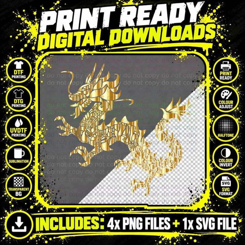 Gold Tribal Dragon Abstract Monster T-Shirt, Mythical Art Png SVG Digital Bundle