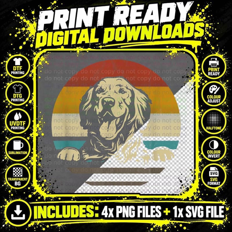 Golden Retriever Dog Breed Retro Vintage 70s Silhouette Png SVG Digital Bundle