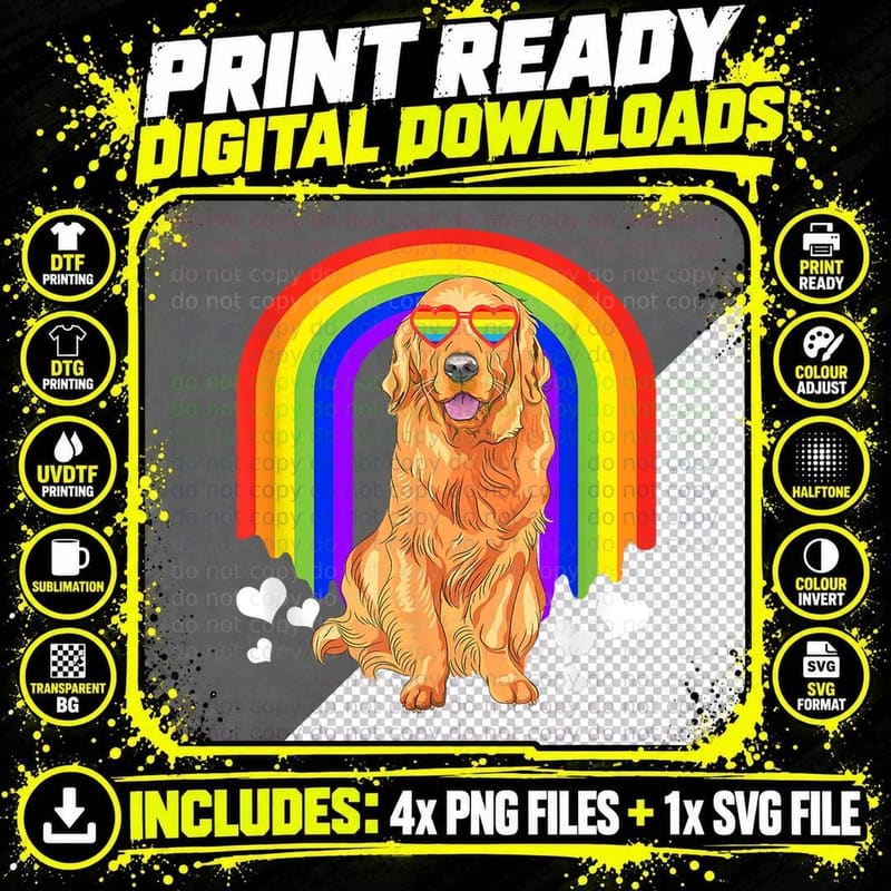 Golden Retriever Dog LGBT-Q Pride Gay Rainbow Flag Png SVG Digital Bundle