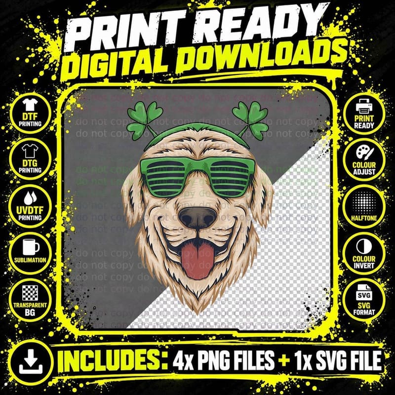 Golden Retriever St Patrick's Day Irish Dog Love Png SVG Digital Bundle