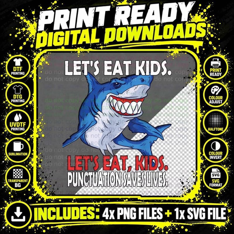 Grammar Shirt for Teacher Funny Kids Shark Let's Eat Png SVG Digital Bundle