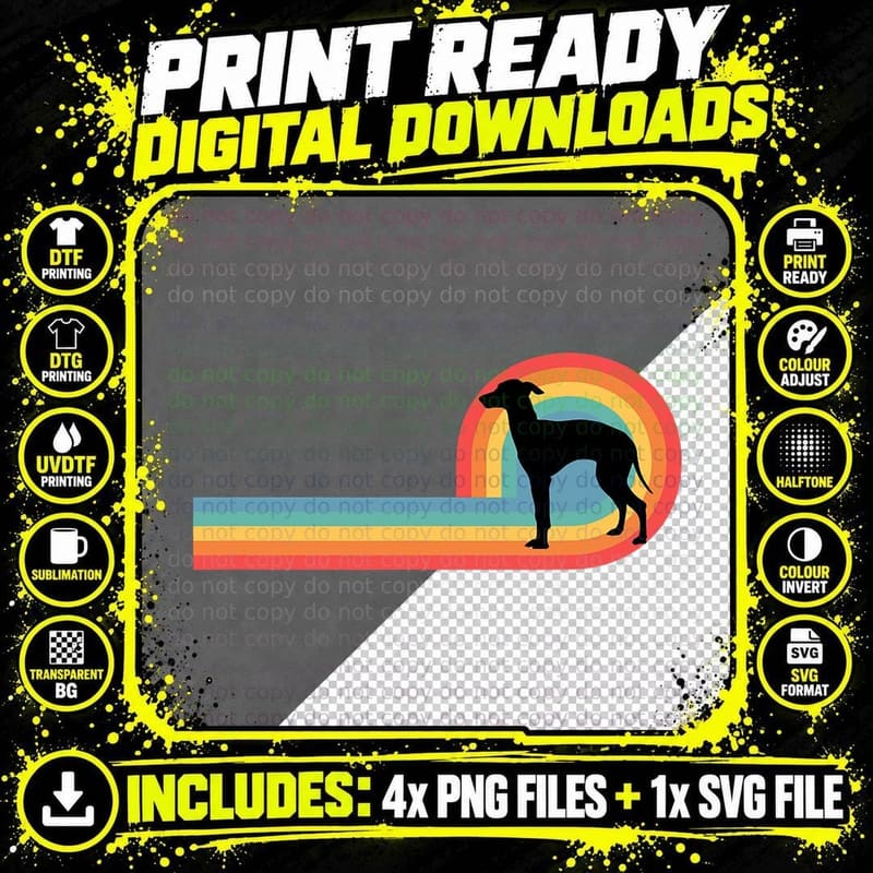 Greyhound - 70s Retro Rainbow Dog Pet Owner Cute T-Shirt Png SVG Digital Bundle