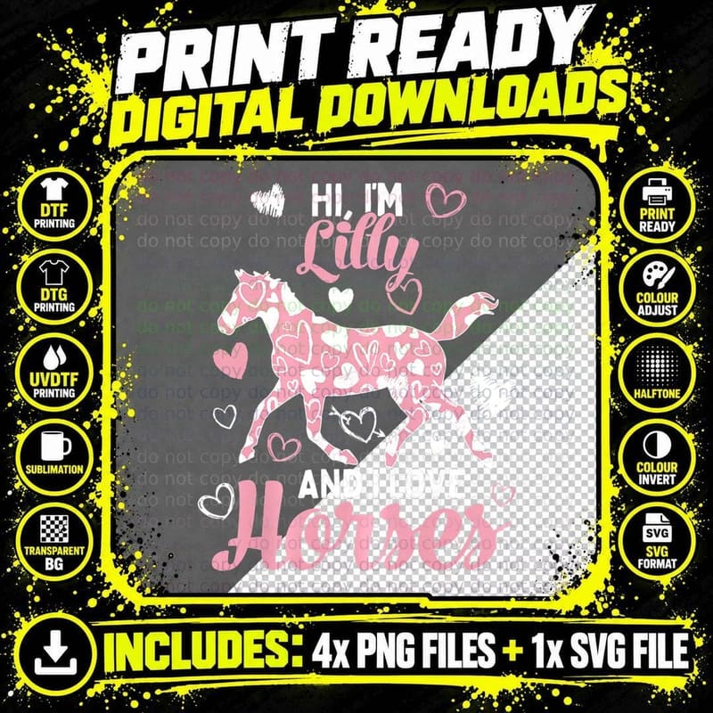 Hi I'm Lilly and I Love Horses Cute Heart T-Shirt Png SVG Digital Bundle