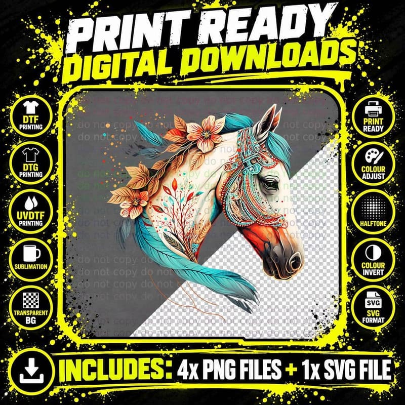Horse Head Art with Flowers for Animal Lovers Horses Png SVG Digital Bundle