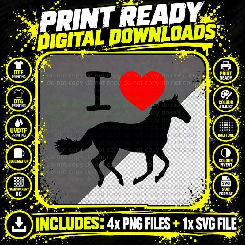 I Love Horses Red Heart Horse Silhouette Equestrian Png SVG Digital Bundle