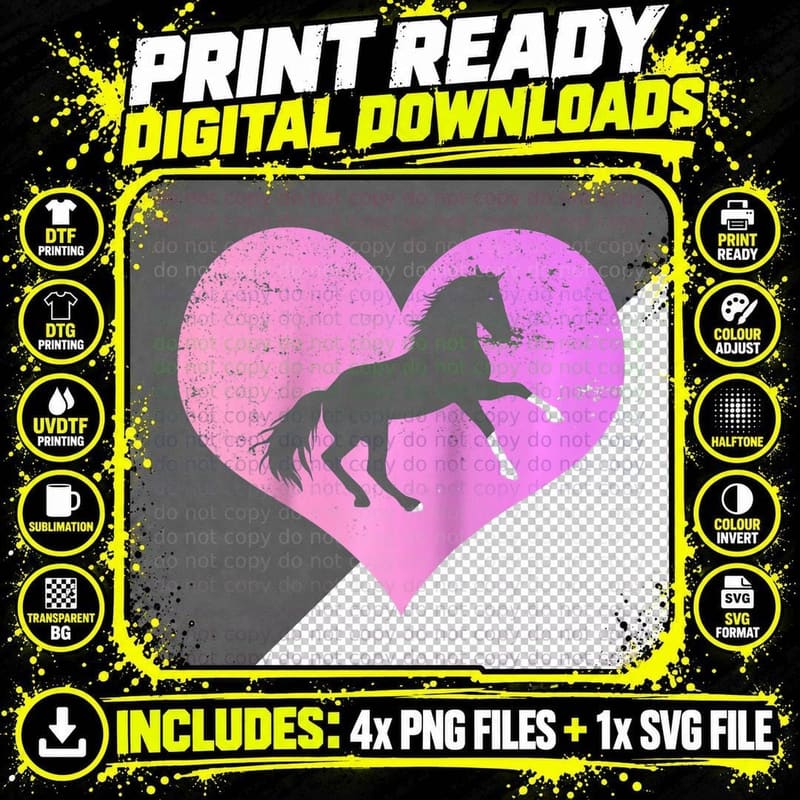I Love Horses with Distressed Heart and Horse Silhouette Png SVG Digital Bundle
