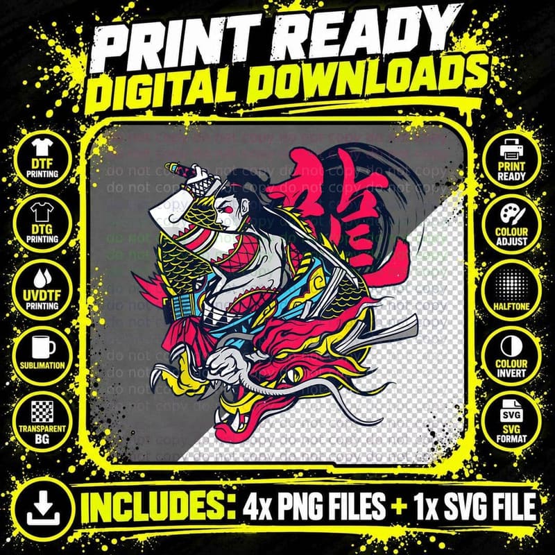 Japanese Dragon Asian Inspired Novelty Men Women Art Png SVG Digital Bundle