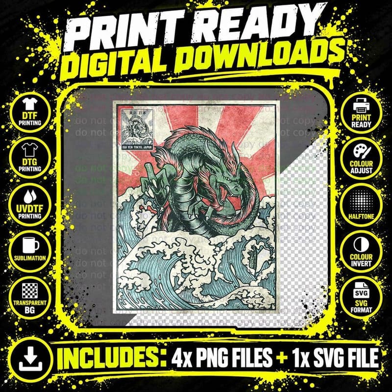 Japanese Dragon Great Wave off Kanagawa Vintage Japanese Png SVG Digital Bundle