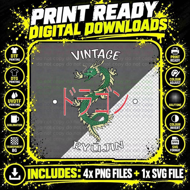 Japanese Dragon Inspired Vintage Style T-Shirt Png SVG Digital Bundle