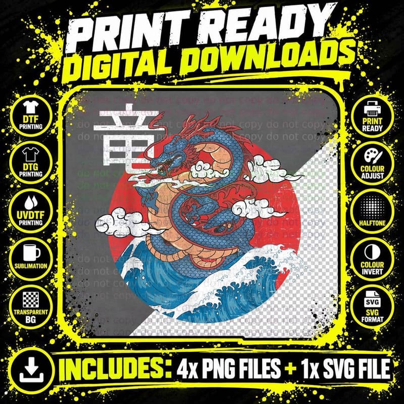 Japanese Dragons - Vintage Retro Japanese Dragon T-Shirt Png SVG Digital Bundle
