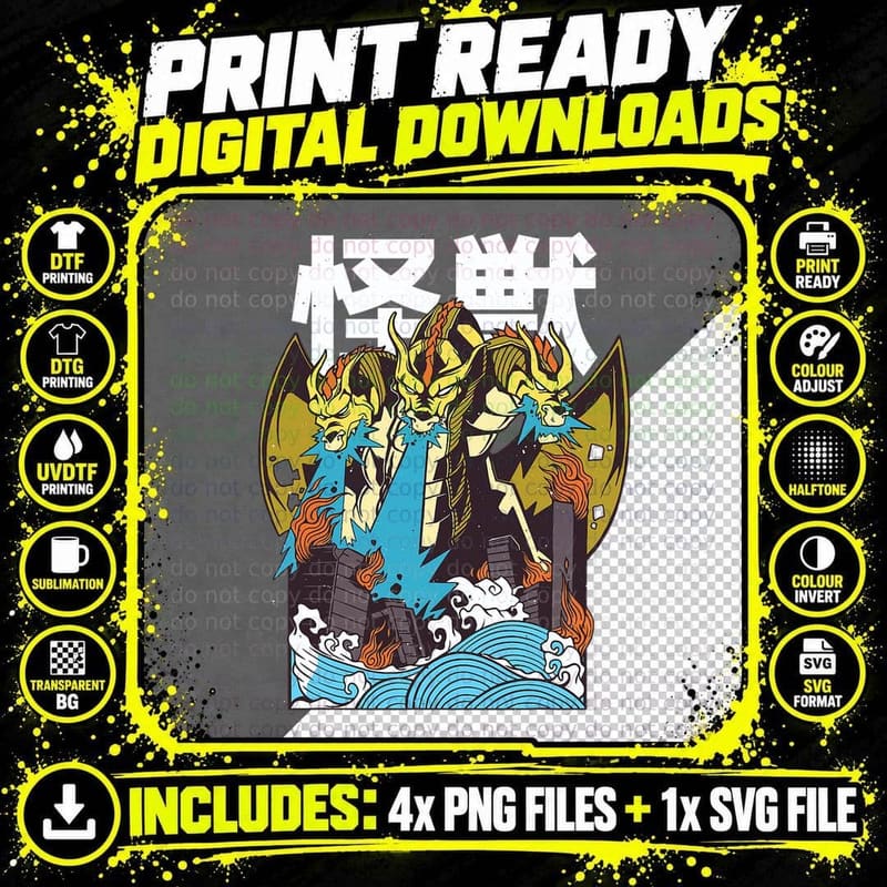 Japanese Kaiju Dragon Ghidorah with Kanji T-Shirt Png SVG Digital Bundle