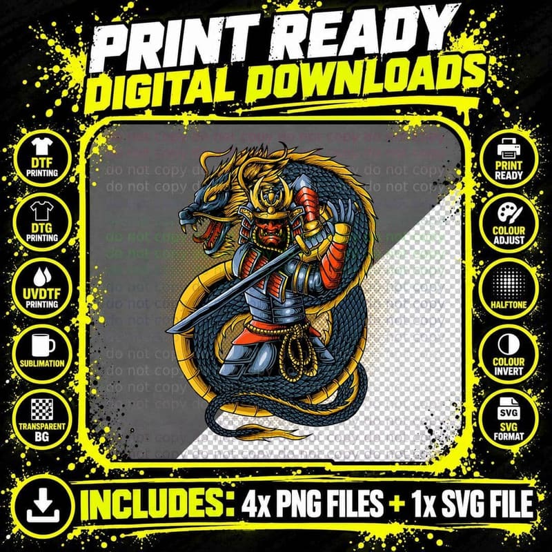 Japanese Oni Samurai Warrior with Dragon T-Shirt Png SVG Digital Bundle
