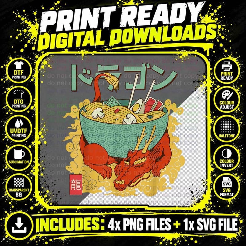 Japanese Ramen Bowl Dragon Noodles Japan Graphic T-Shirt Png SVG Digital Bundle