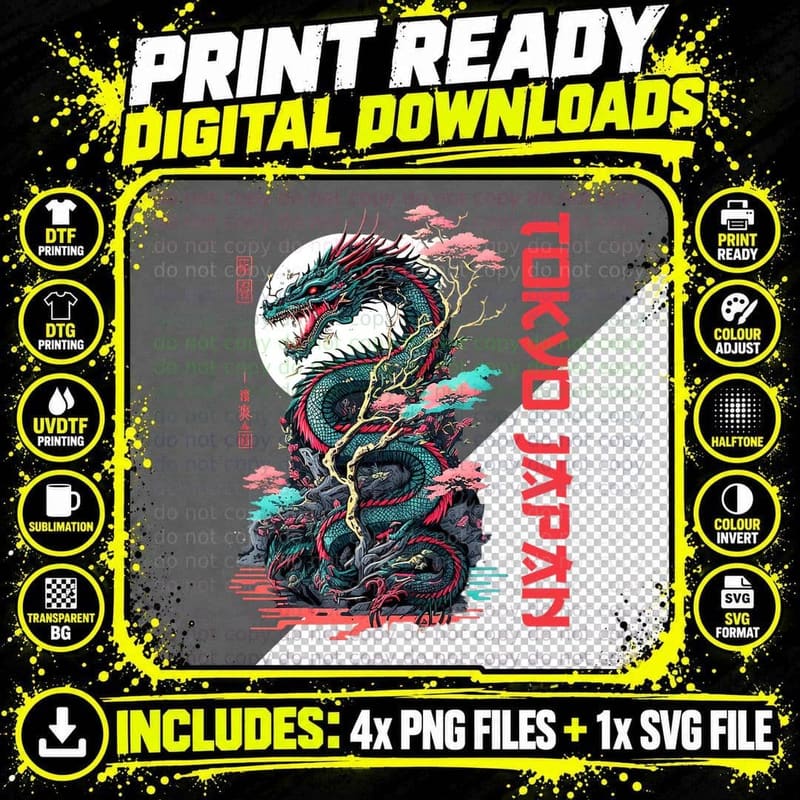 Japanese Tokyo Dragon Asian Inspired Retro 80's Style Png SVG Digital Bundle