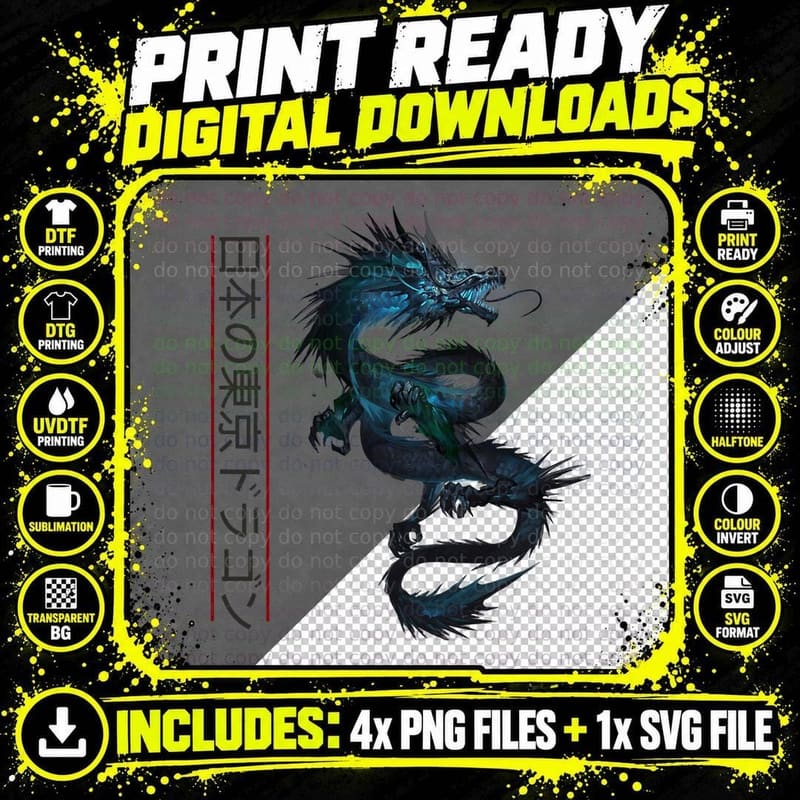 Japanese Tokyo Dragon Asian Retro 80's Style T-Shirt Png SVG Digital Bundle