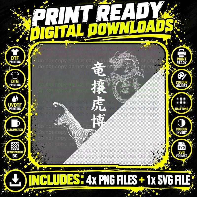 Japanese Tokyo Dragon Asian Tiger Cool Kanji T-Shirt Png SVG Digital Bundle