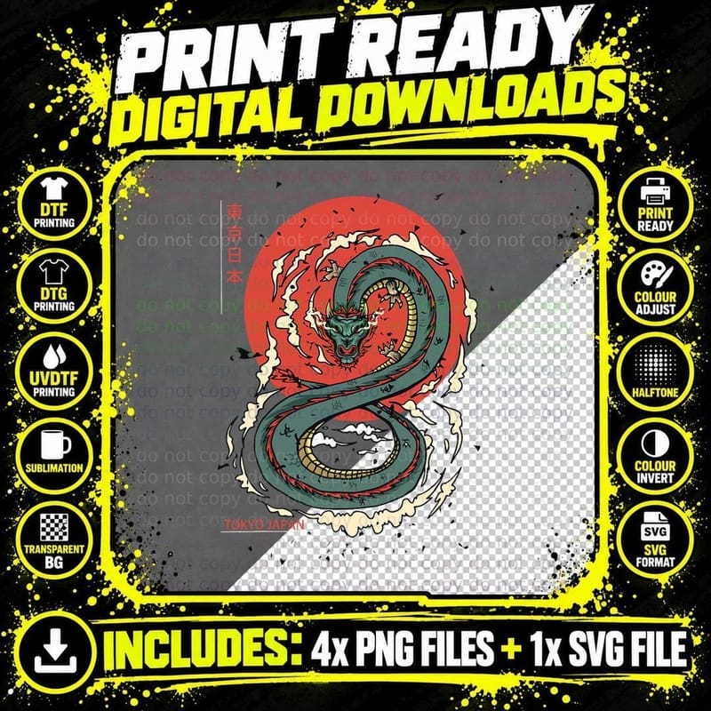 Japanese Tokyo Dragon Asian Vintage Tattoo Neon Retro Png SVG Digital Bundle