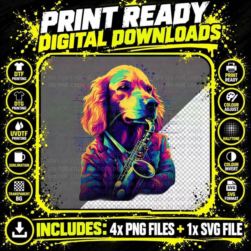 Jazz Musician Golden Retriever Dog Saxophone T-Shirt Png SVG Digital Bundle