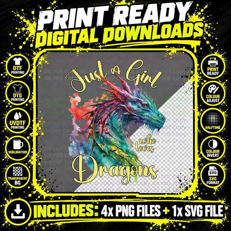 Just a Girl Who Loves Dragons Watercolor Dragon Lover Png SVG Digital Bundle
