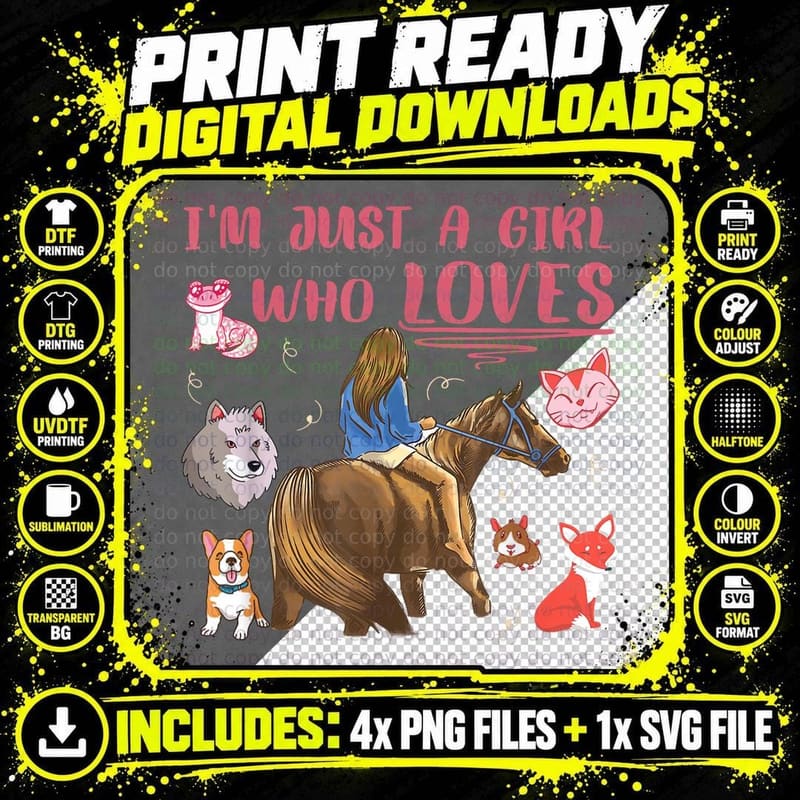 Just a Girl Who Loves Horse Dogs Cats Fox Wolves Lizard Png SVG Digital Bundle