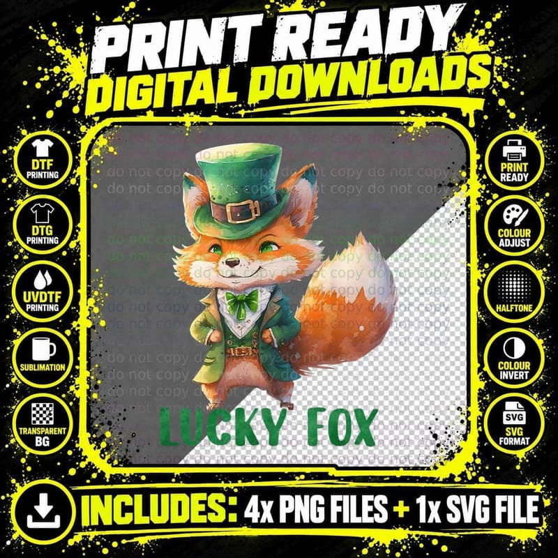 Lucky Fox St. Patricks Day Fox with a Leprechaun Hat Png SVG Digital Bundle