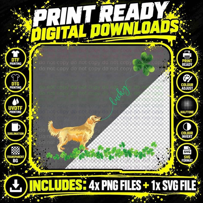 Lucky Golden Retriever Dog Shamrock St Patrick Day Png SVG Digital Bundle