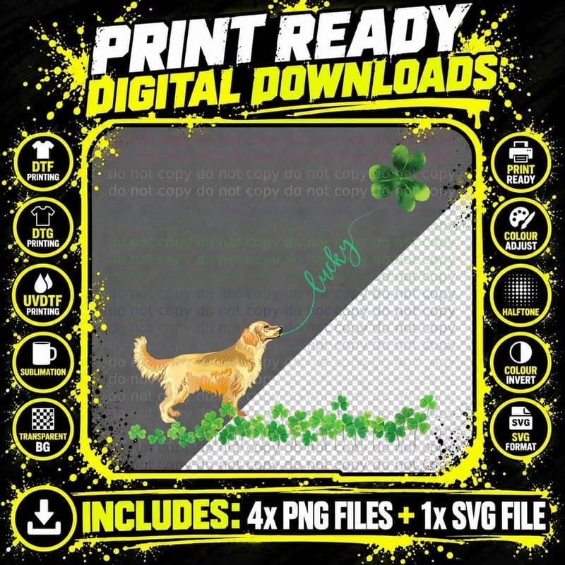Lucky Golden Retriever Dog T-Shirt, Shamrock Patrick Tee Png SVG Digital Bundle