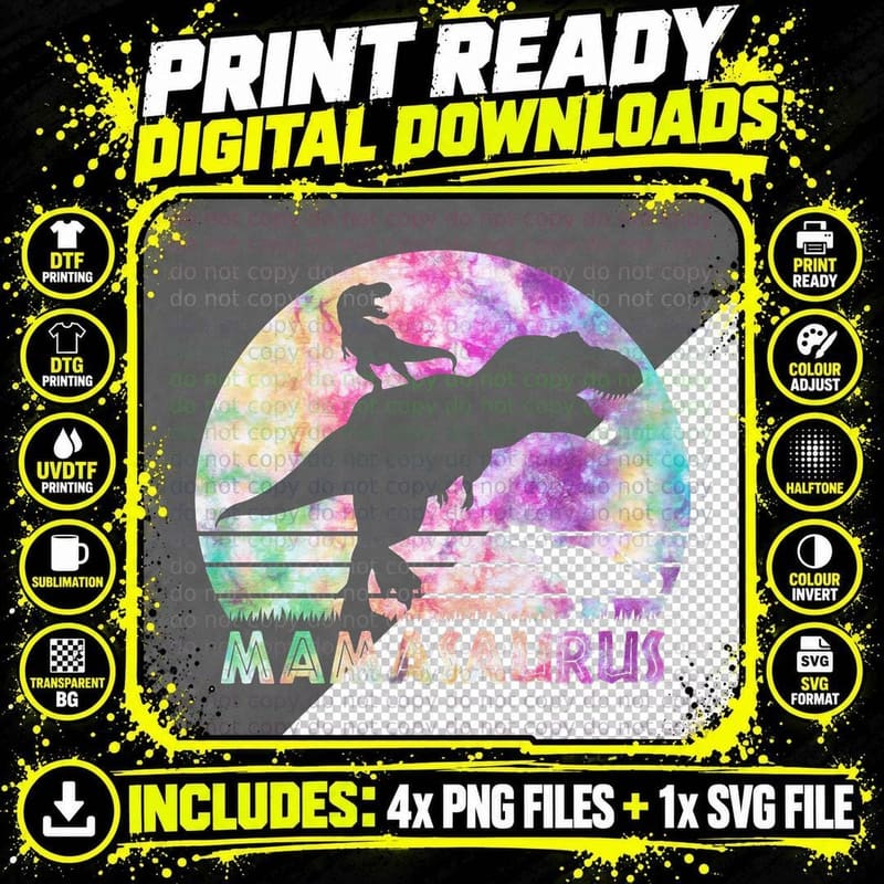 Mamasaurus Tie Dye Sunset Funny Dinosaur Mother of 2 Png SVG Digital Bundle