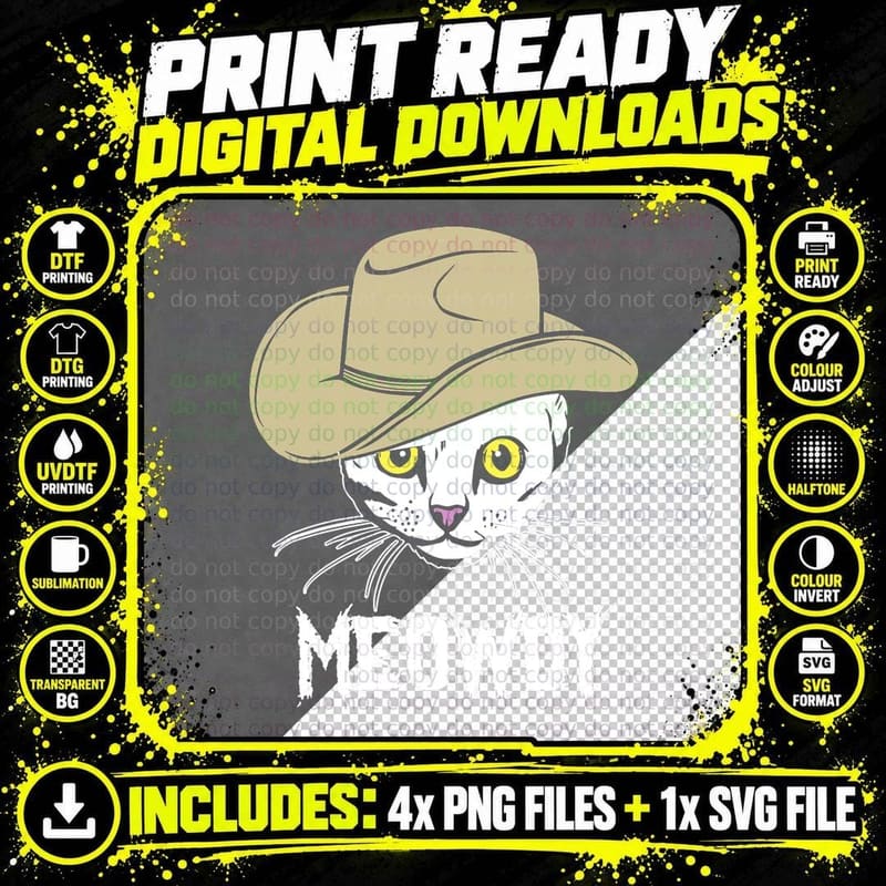 Meowdy Funny Cat Cowboy Hat, Funny Cat Meme T-Shirt Png SVG Digital Bundle