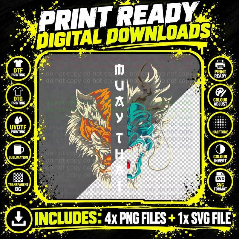 Muay Thai Dragon Tiger T-Shirt Png SVG Digital Bundle