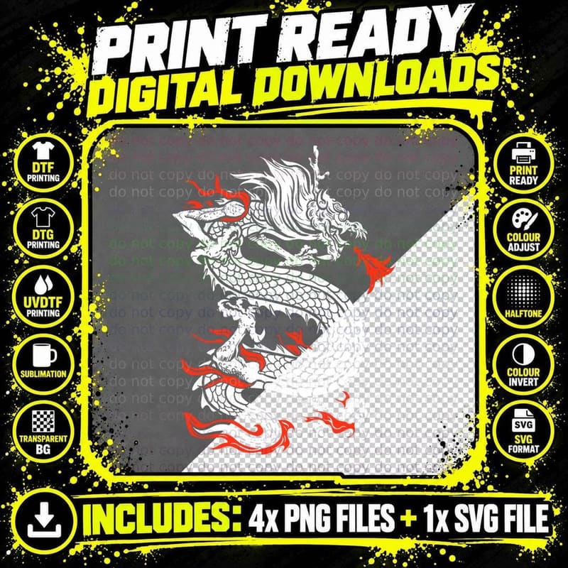 Mythical Ancient Asian Chinese Dragon T-Shirt Png SVG Digital Bundle