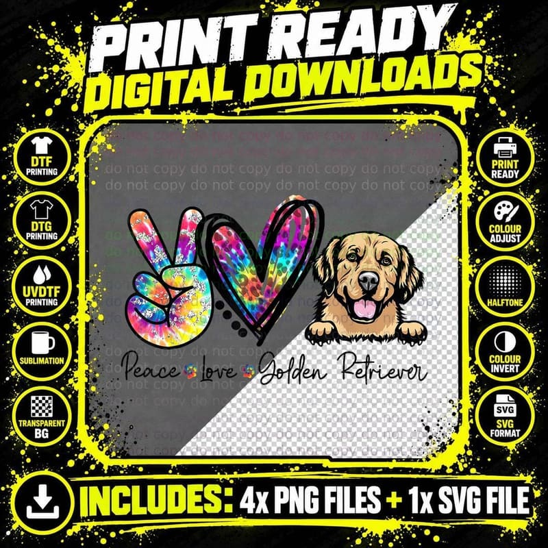 Peace Love Golden Retriever Funny Tie Dye Dog Lovers Png SVG Digital Bundle