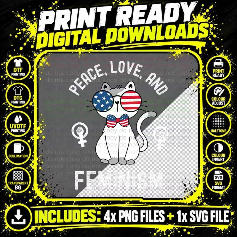 Pro Choice Cute Patriotic Cat Peace Love and Feminism Png SVG Digital Bundle