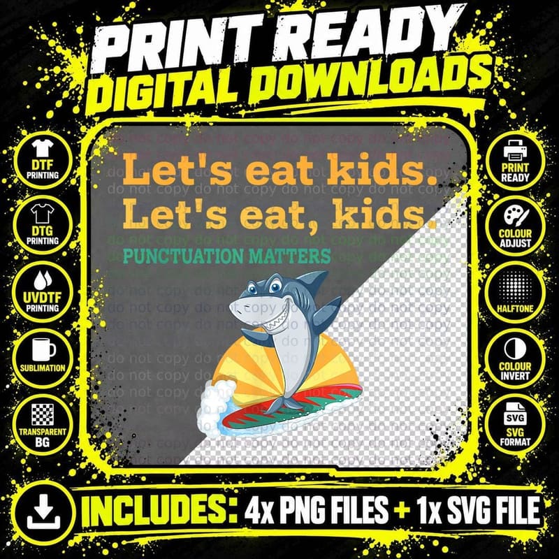 Punctuation Matters Funny Shark Grammar T-Shirt Png SVG Digital Bundle