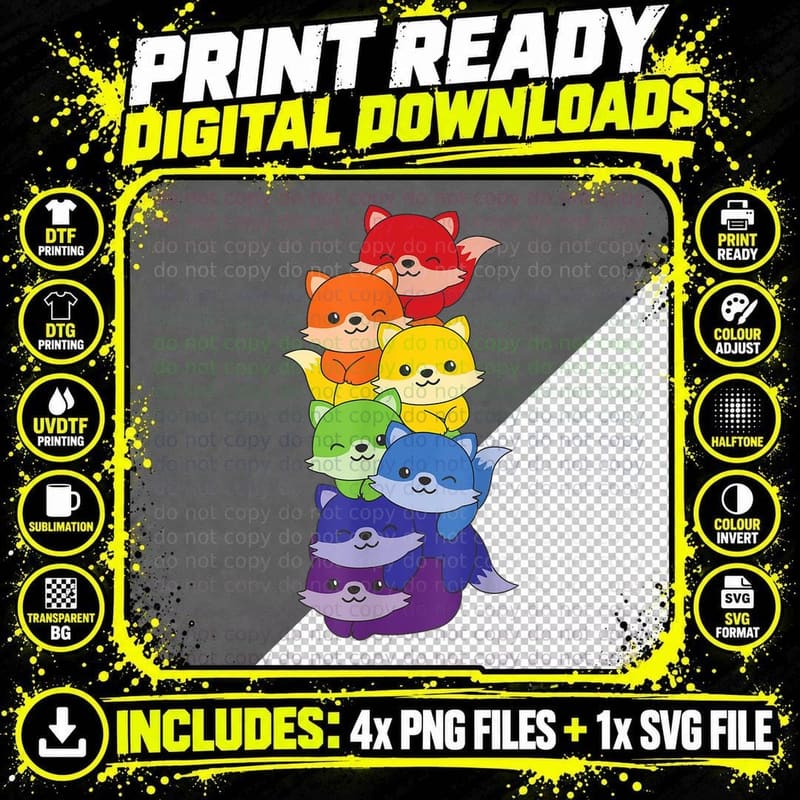 Rainbow Foxes Cute Animals Colorful Fox T-Shirt Png SVG Digital Bundle
